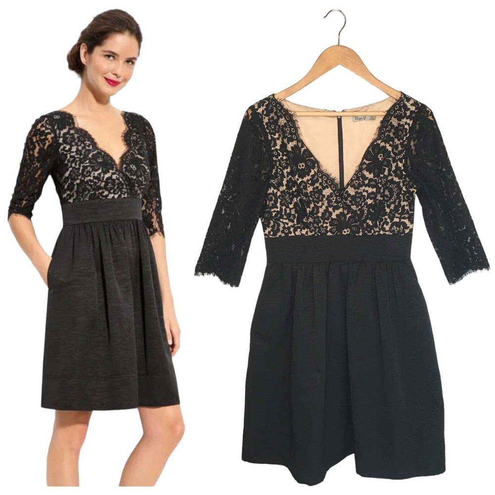 Eliza J Cocktail Skater Lace Faille Bodice Pocket Lined LBD Little Black Dress 6